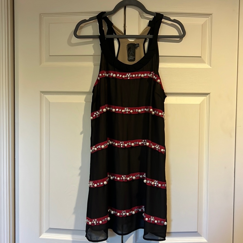 Black tank dress, With red ribbon sequins and pearls stripes